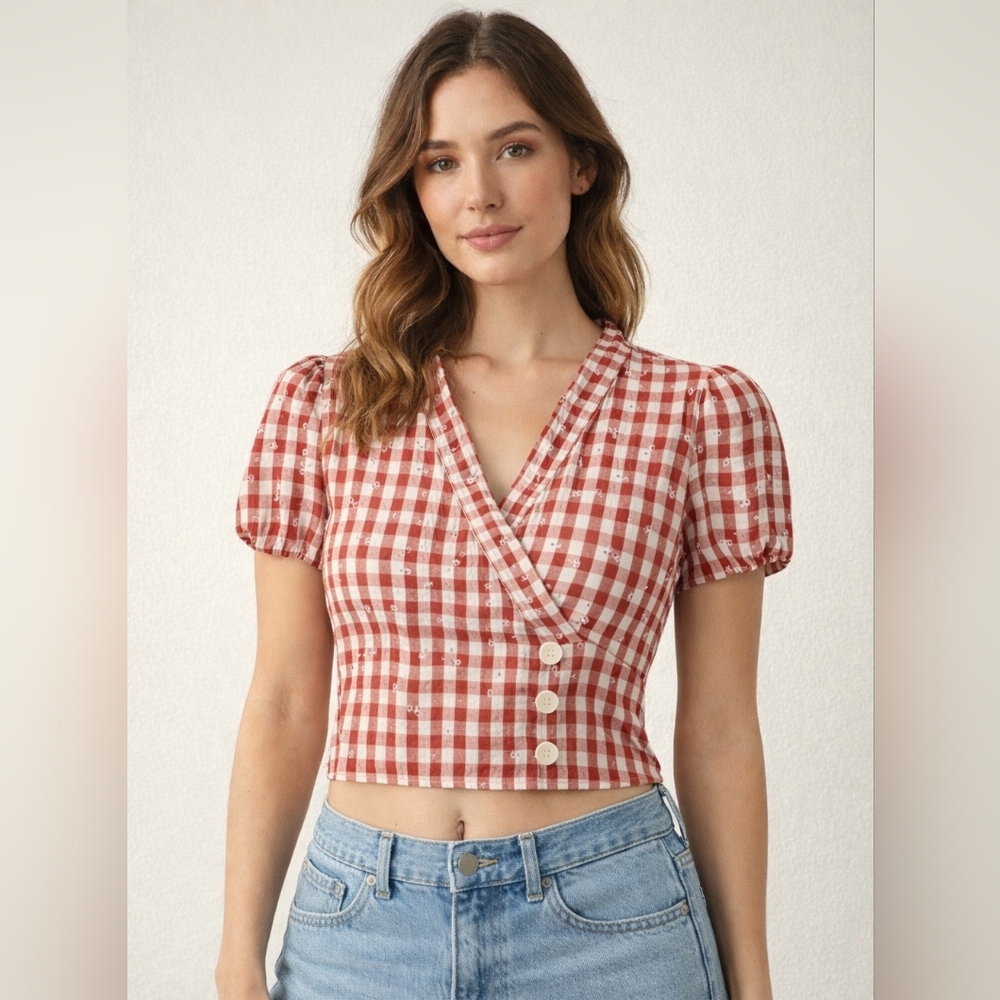 Red Gingham Wrap Top